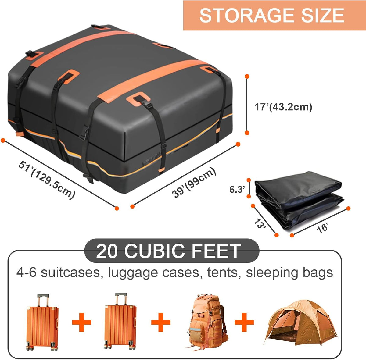 20 Cubic Feet Waterproof Soft Shell Rooftop Cargo Carrier with Reflective Strip and Anti-Slip Mat Q3295