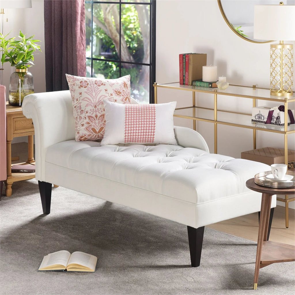 Antique White Hardwood Tufted Roll Arm Chaise Lounge O4761