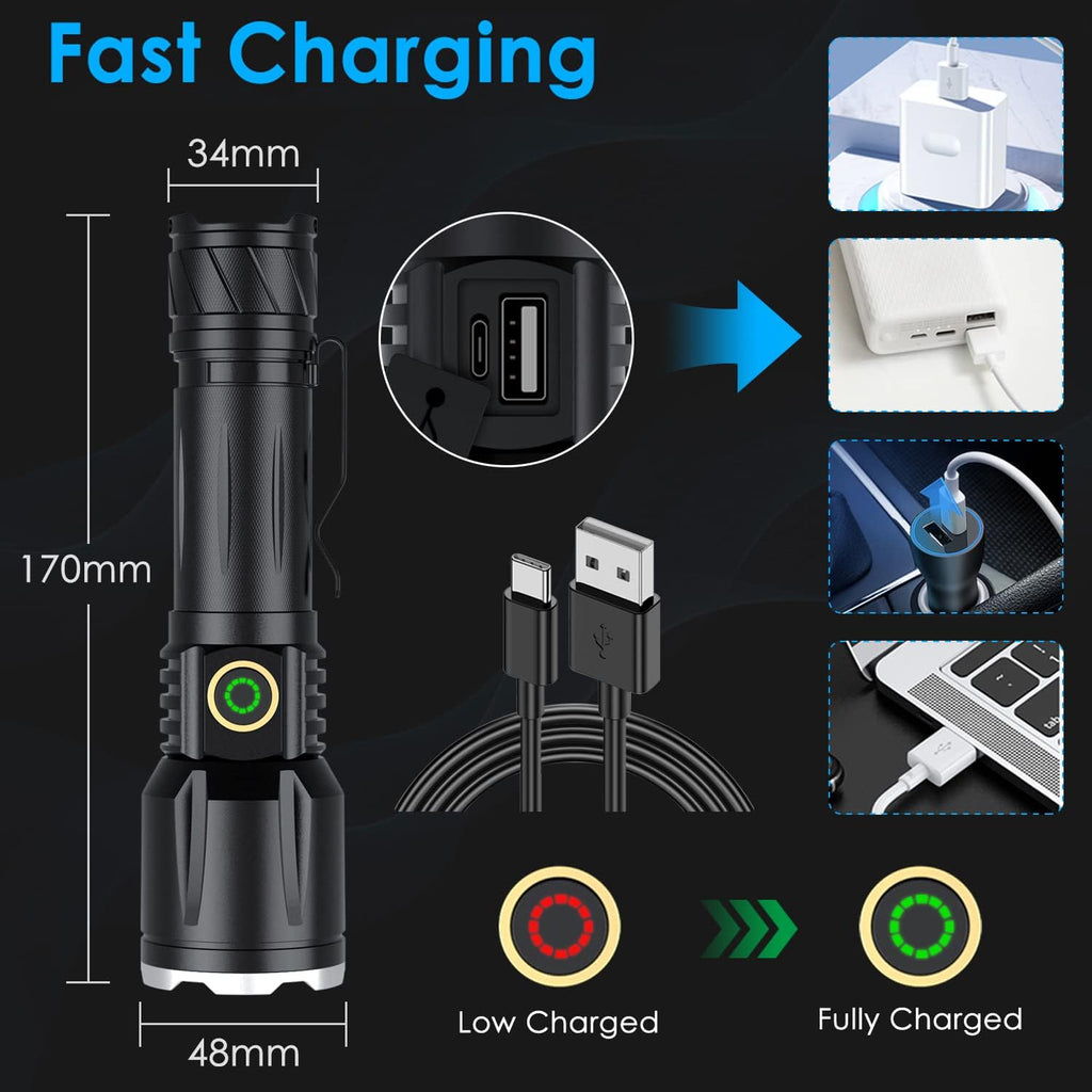 Rechargeable Tactical Flashlight, 120000 Lumens, 5 Modes, Zoomable, Waterproof E23026