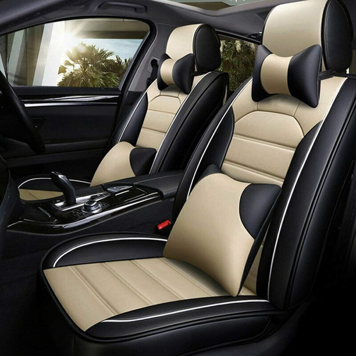 Beige Leather Car Seat Covers 9PCS Full Set Front Rear B66125