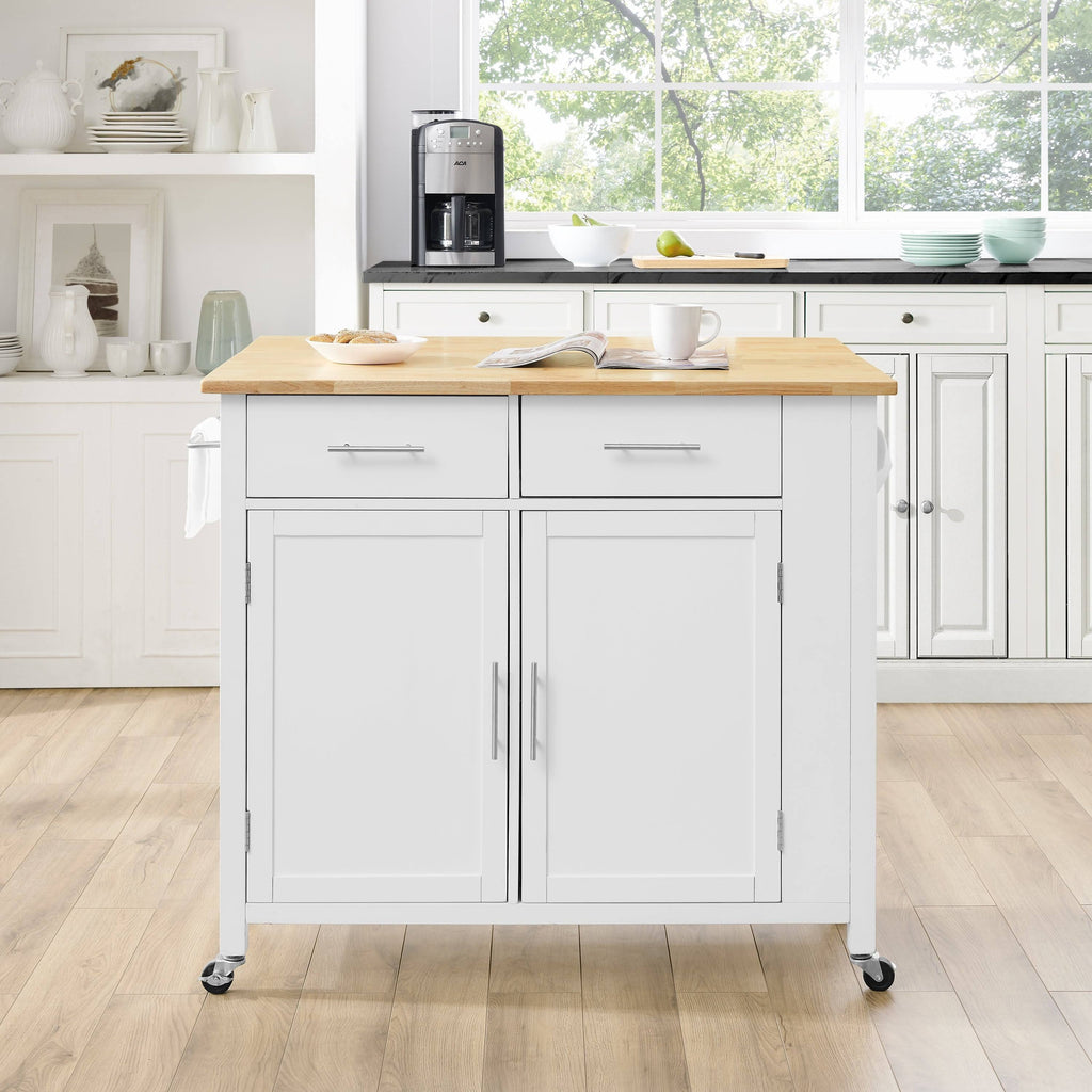 White Natural Wood Top Drop-Leaf Kitchen Island Cart S97335