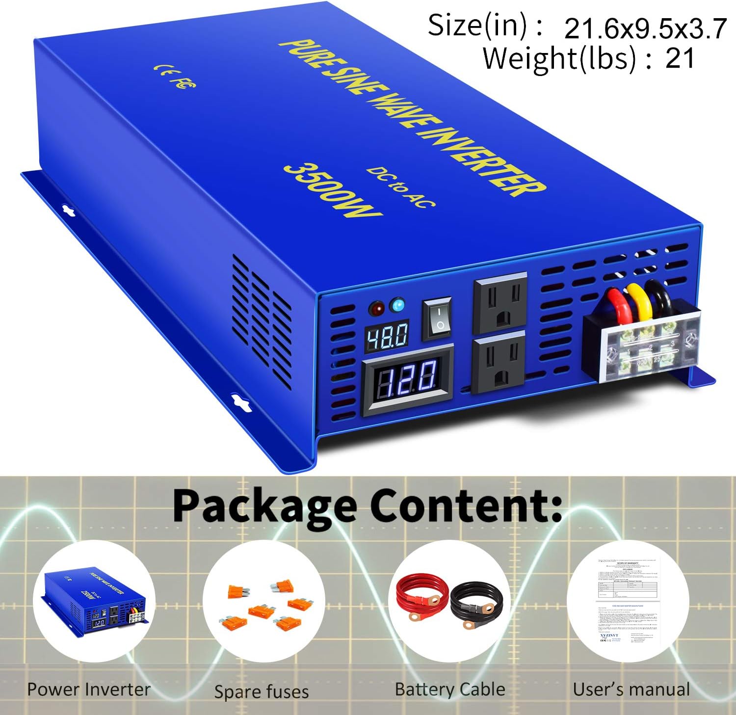 3500 Watt Pure Sine Wave Power Inverter 48V to 120V AC D3833