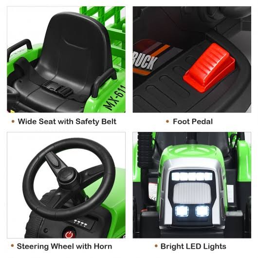 Green 12V Kids Ride on Tractor with Trailer W16100