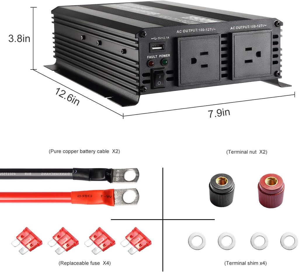 Power Inverter 1000 Watt 12v to 110v Modified Sine Wave with USB Port and Dual AC Outlets O45447