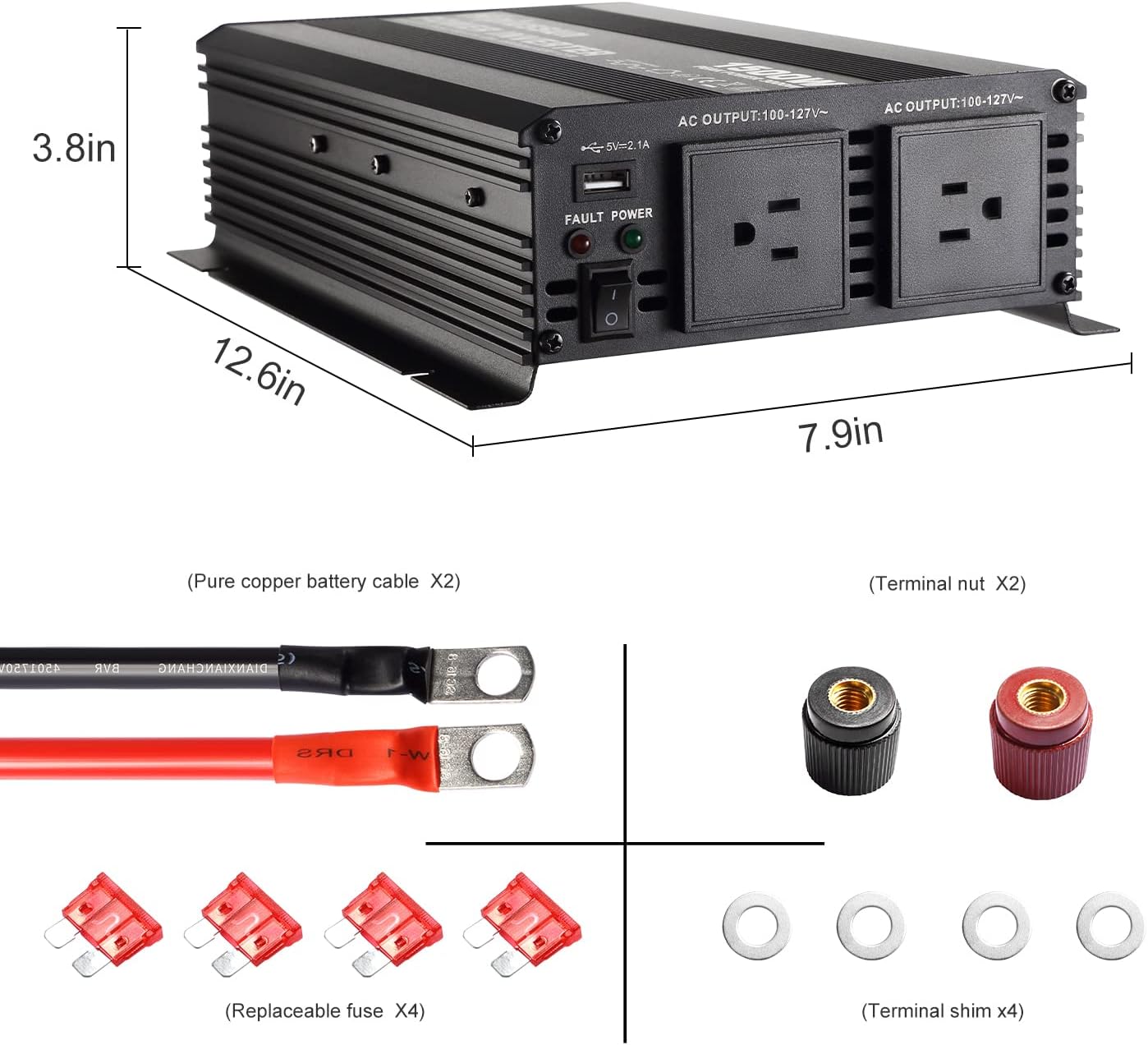 Power Inverter 1000 Watt 12v to 110v Modified Sine Wave with USB Port and Dual AC Outlets O45447