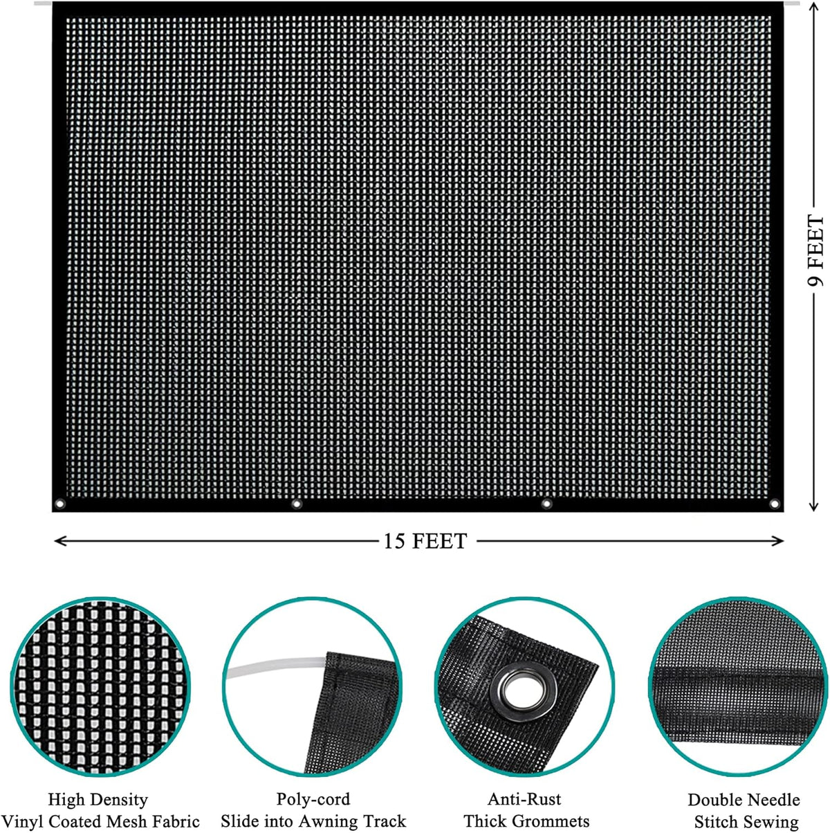 Black Mesh RV Awning Sun Shade Screen 9' X 15' Complete Kit Q3446