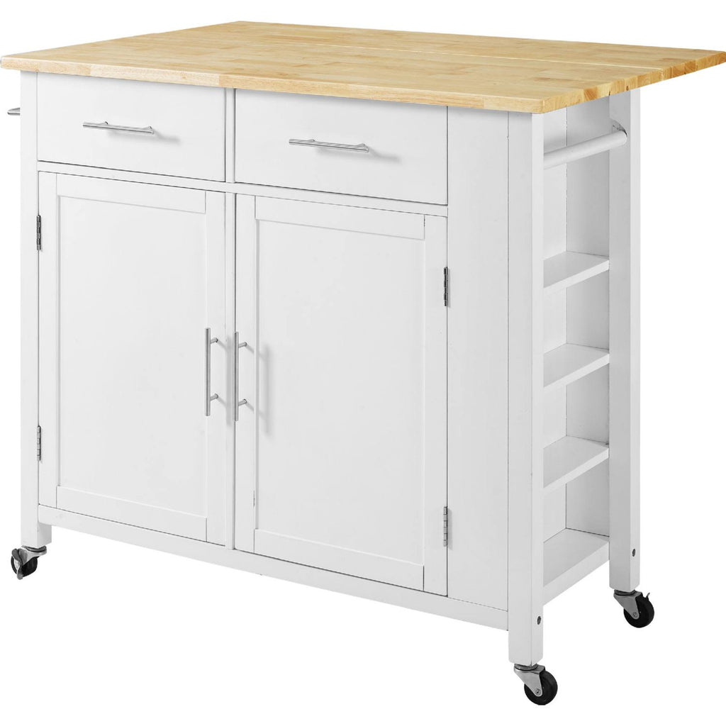 White Natural Wood Top Drop-Leaf Kitchen Island Cart S97335