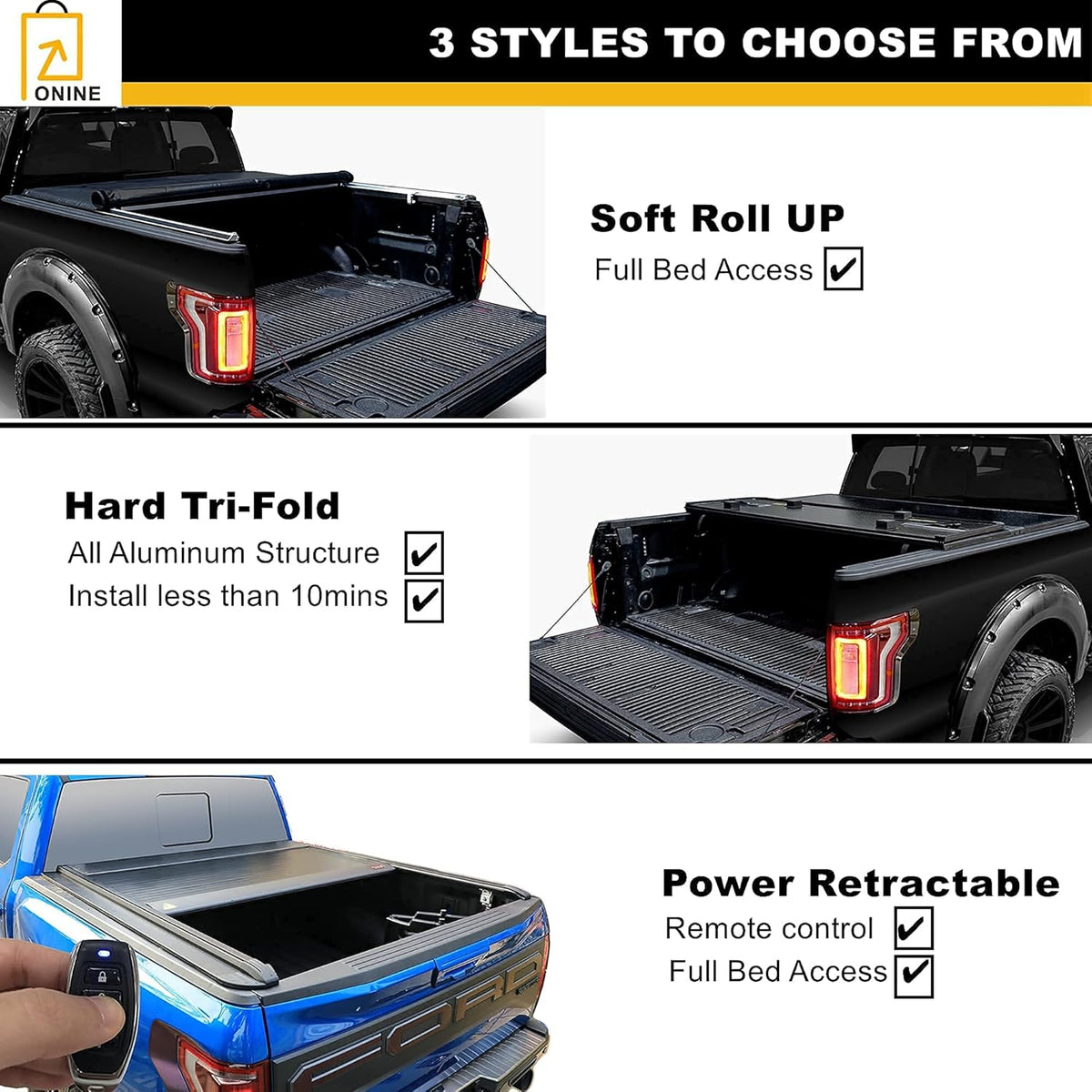 Hard Tri-Fold Truck Bed Tonneau Cover for 2020-2022 Jeep Gladiator JT 5ft Bed A43690