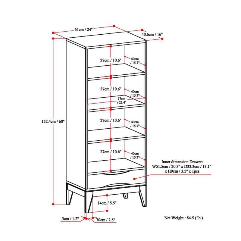 Solid Hardwood Mid-Century Modern Bookcase with Storage in Teak Brown B316883
