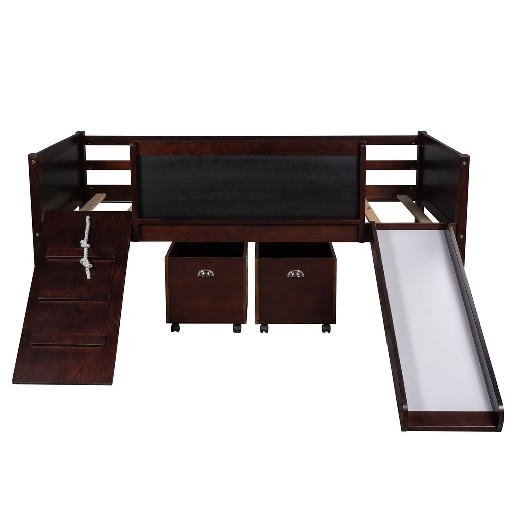 Espresso Pine Wood Twin Loft Bed with 2 Storage Boxes I437
