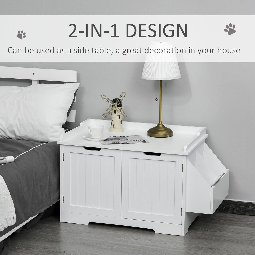 White Wooden Cat Litter Box Enclosure with Nightstand and Storage Rack Q473814