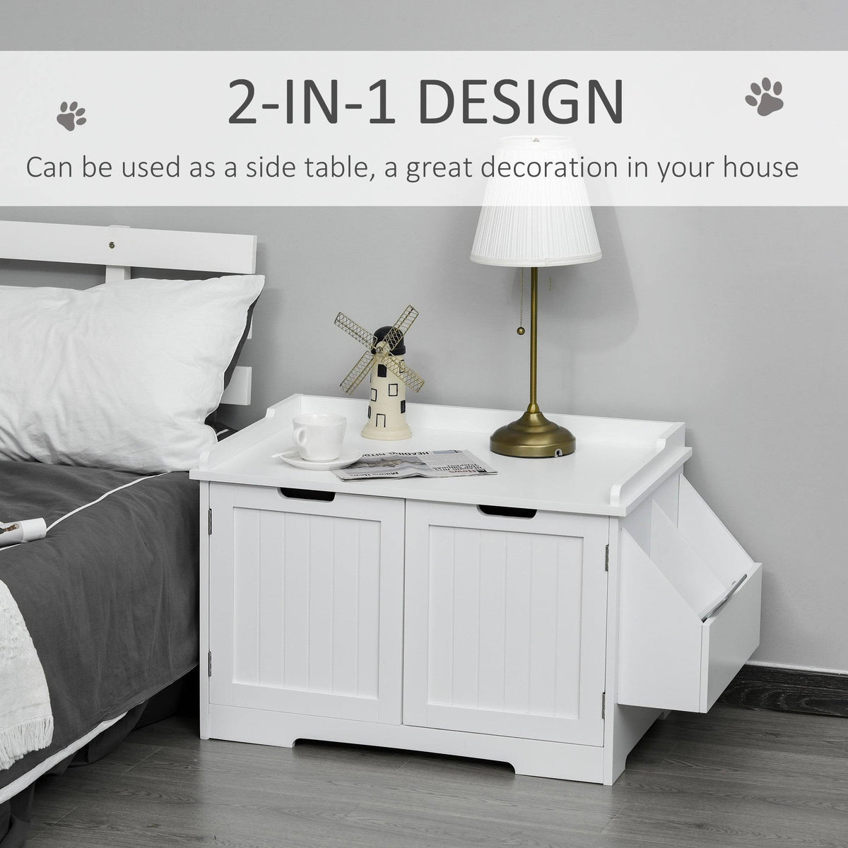 White Wooden Cat Litter Box Enclosure with Nightstand and Storage Rack Q473814