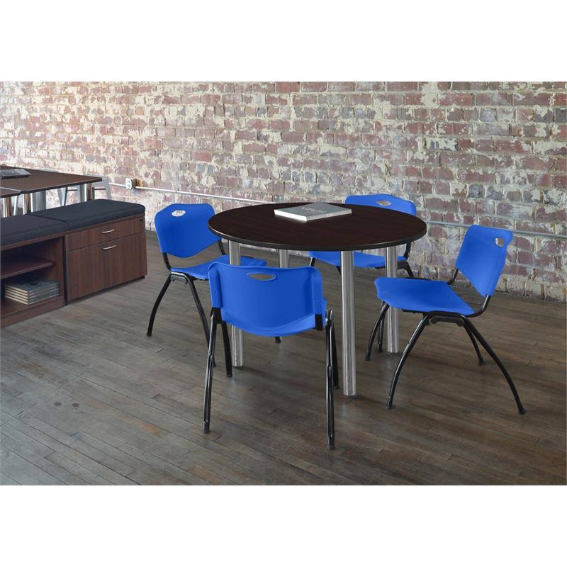 36x22 Round Breakroom Table Mocha Walnut Chrome 4 Stack Chairs Blue V837