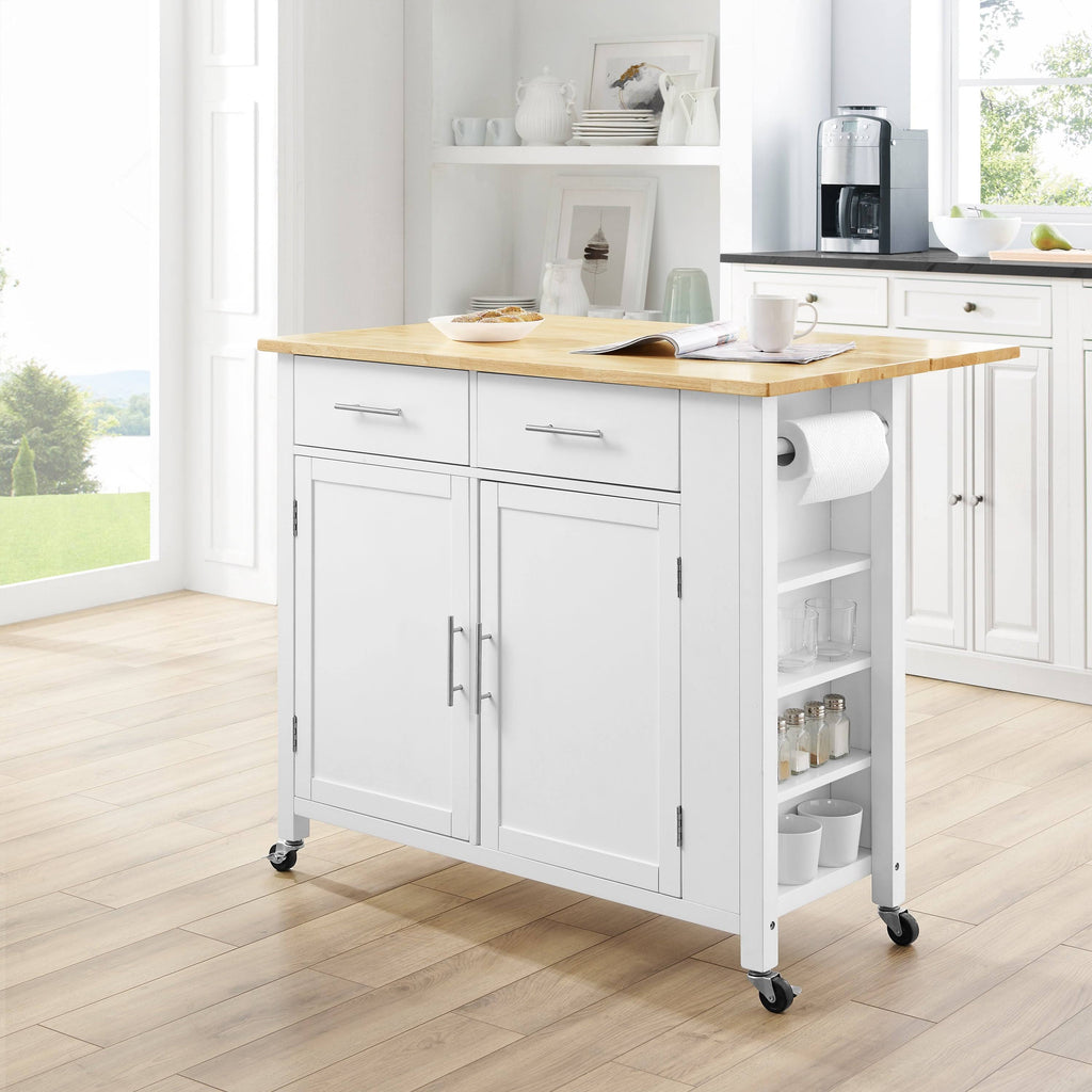 White Natural Wood Top Drop-Leaf Kitchen Island Cart S97335