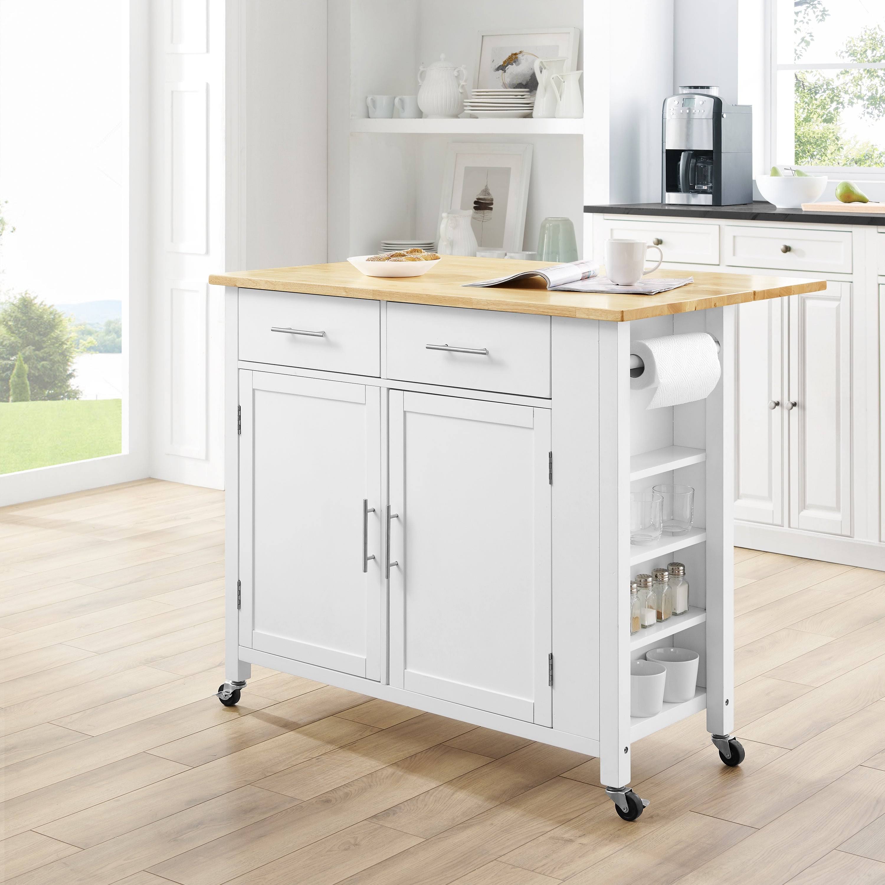 White Natural Wood Top Drop-Leaf Kitchen Island Cart S97335