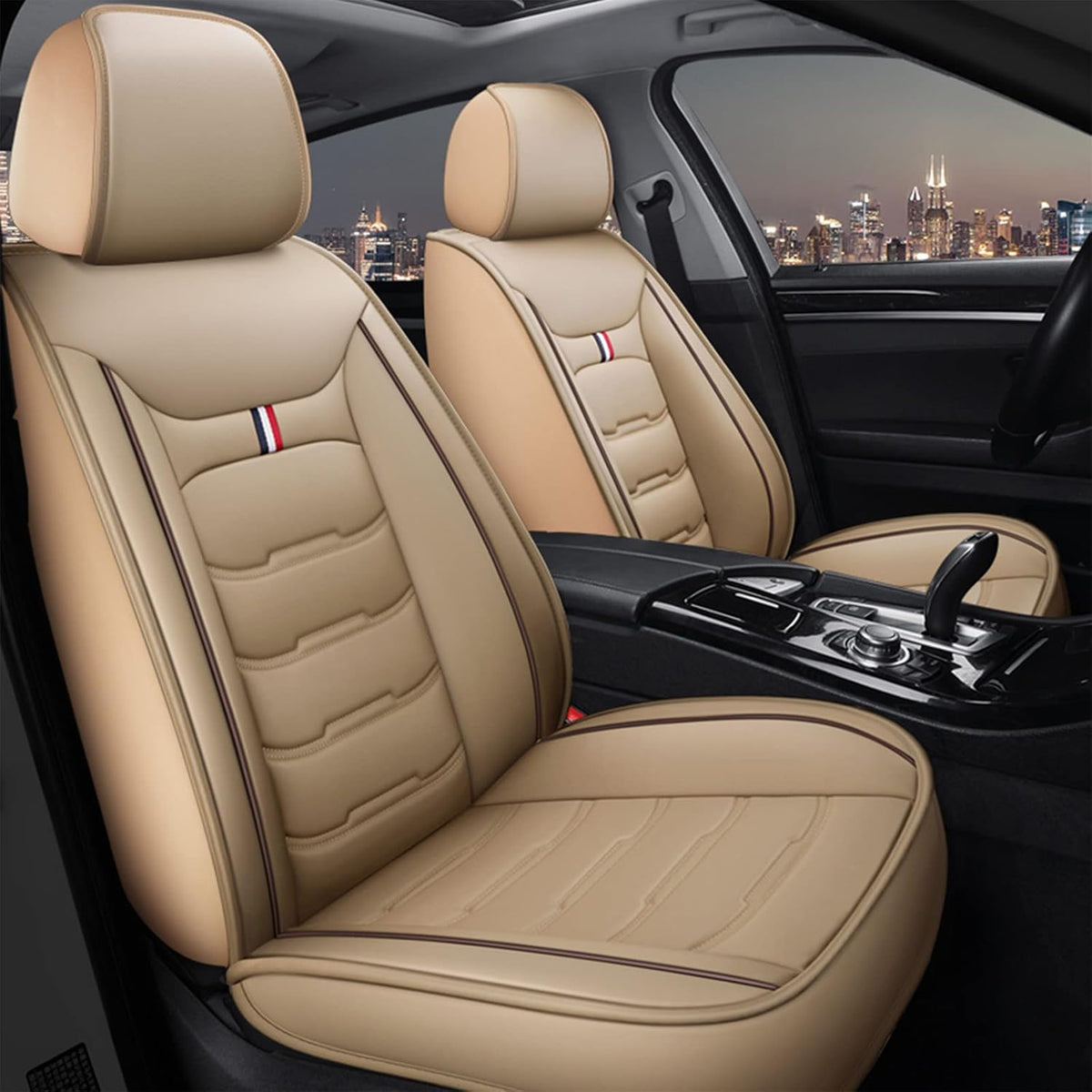 Beige Leather Car Seat Covers 9PCS Full Set Front Rear B66125