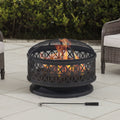 Black Round Steel Outdoor Fire Pit with Spark Screen and Fire Poker L295
