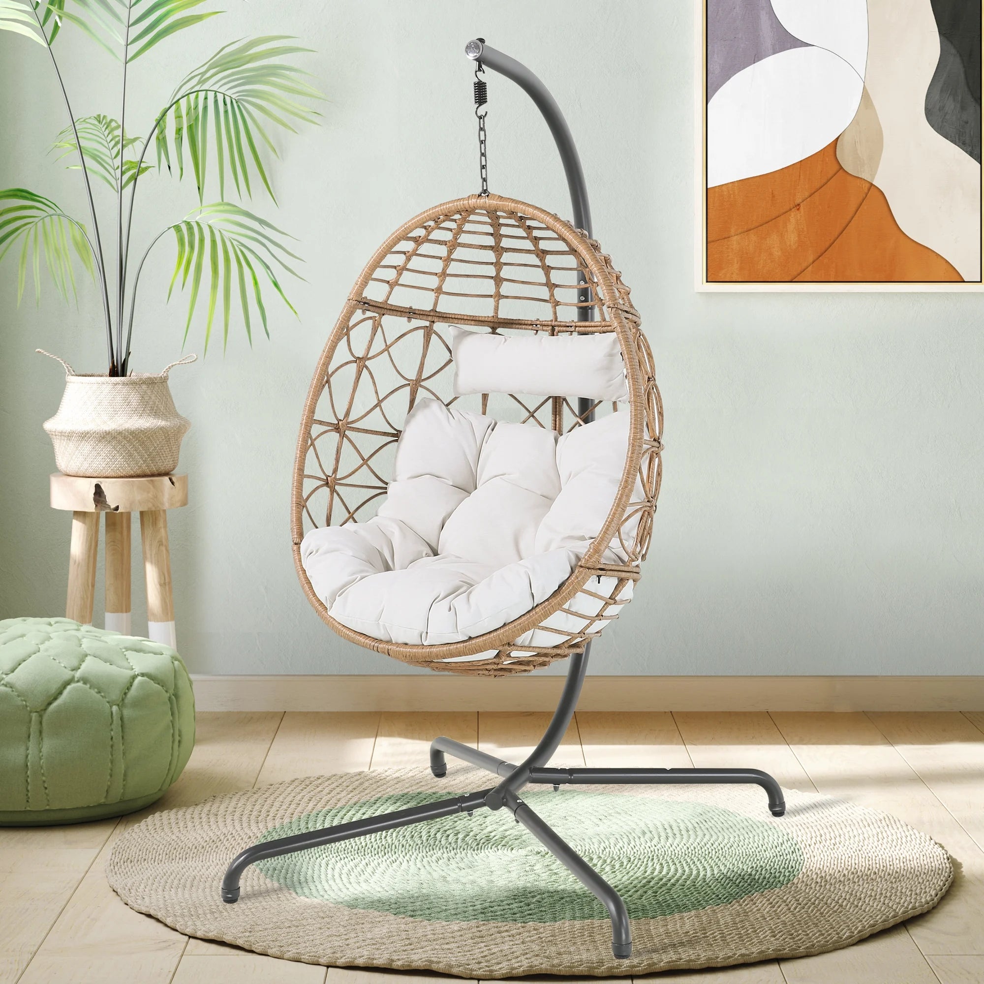 Wicker Basket Swing Egg Chair With Stand and Cushions N237