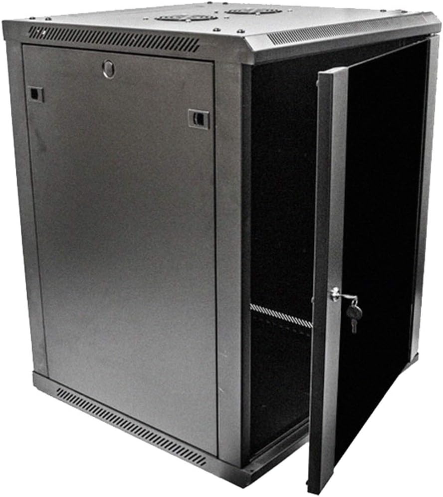 15U Wallmount Cabinet Enclosure 19-Inch Server Network Rack with Locking Glass Door Black with Shelves O6869