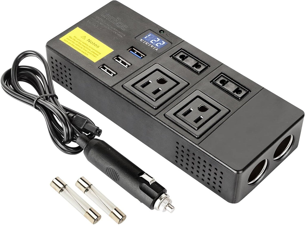200W Car Power Inverter DC 12V&24V to 110V AC, Dual Cigarette Lighter, 4 AC Outlets and 3 USB Ports Pack of 2 A273543