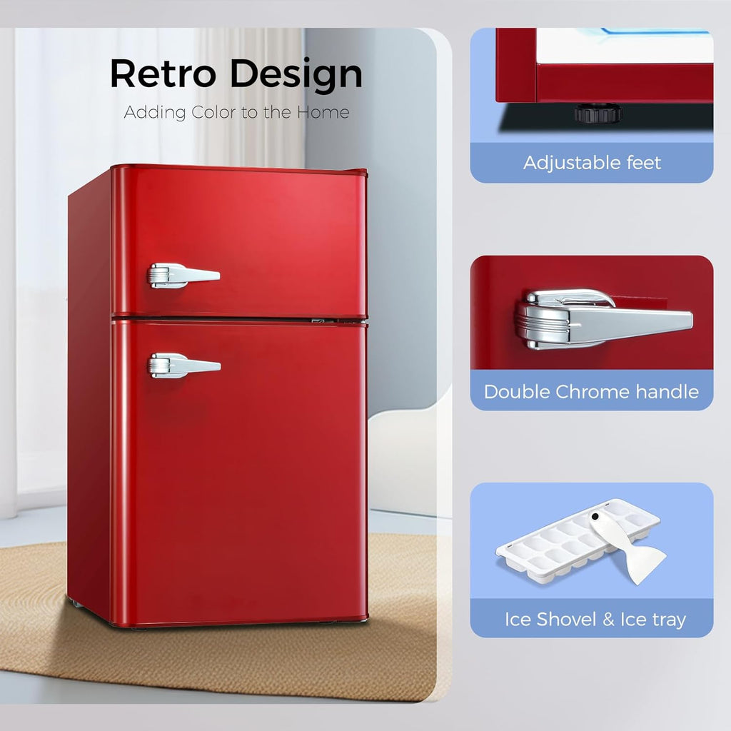 Retro Red 3.2 Cu.Ft Compact Double Door Mini Refrigerator with Freezer U3626