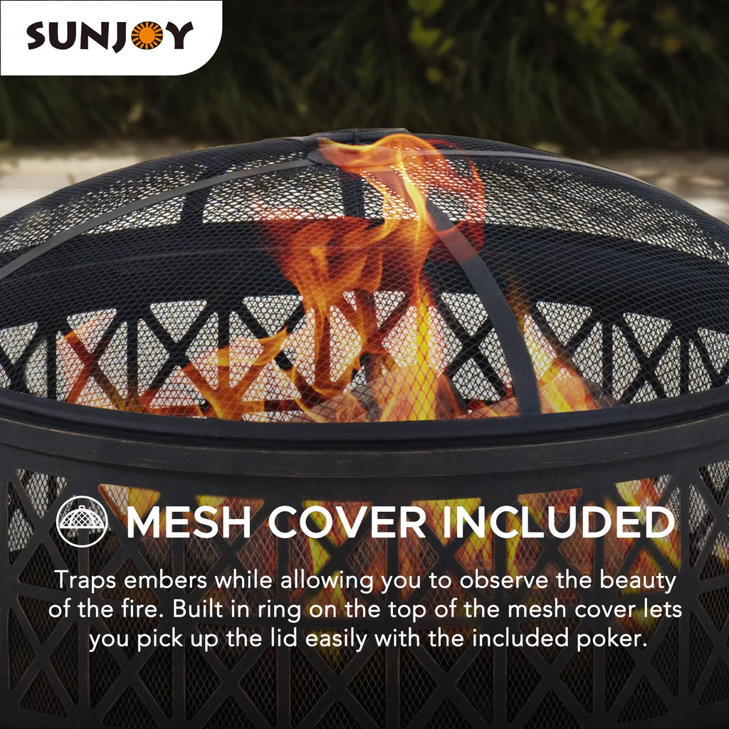 Black Round Steel Outdoor Fire Pit with Spark Screen and Fire Poker L295