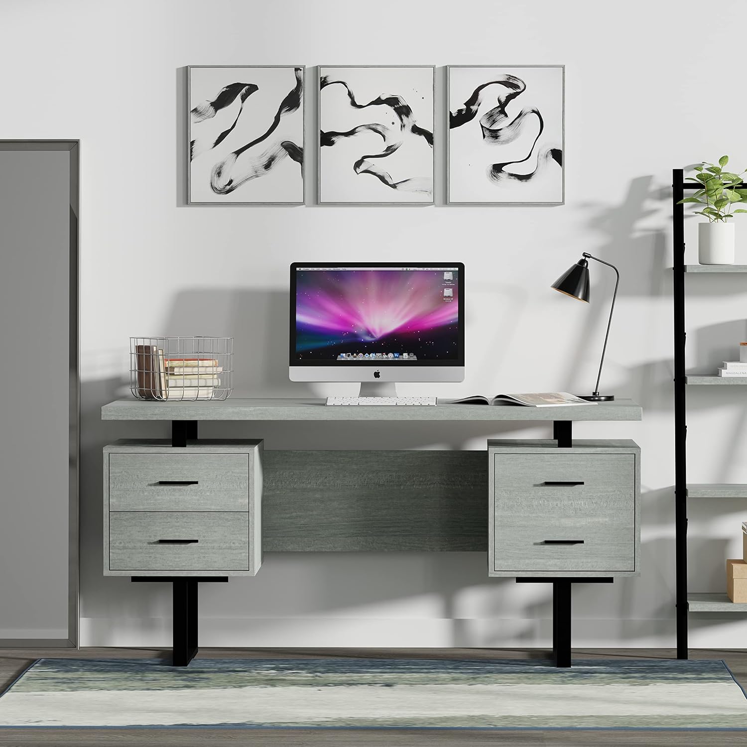 Grey Office Computer Desk with Black Metal E50697