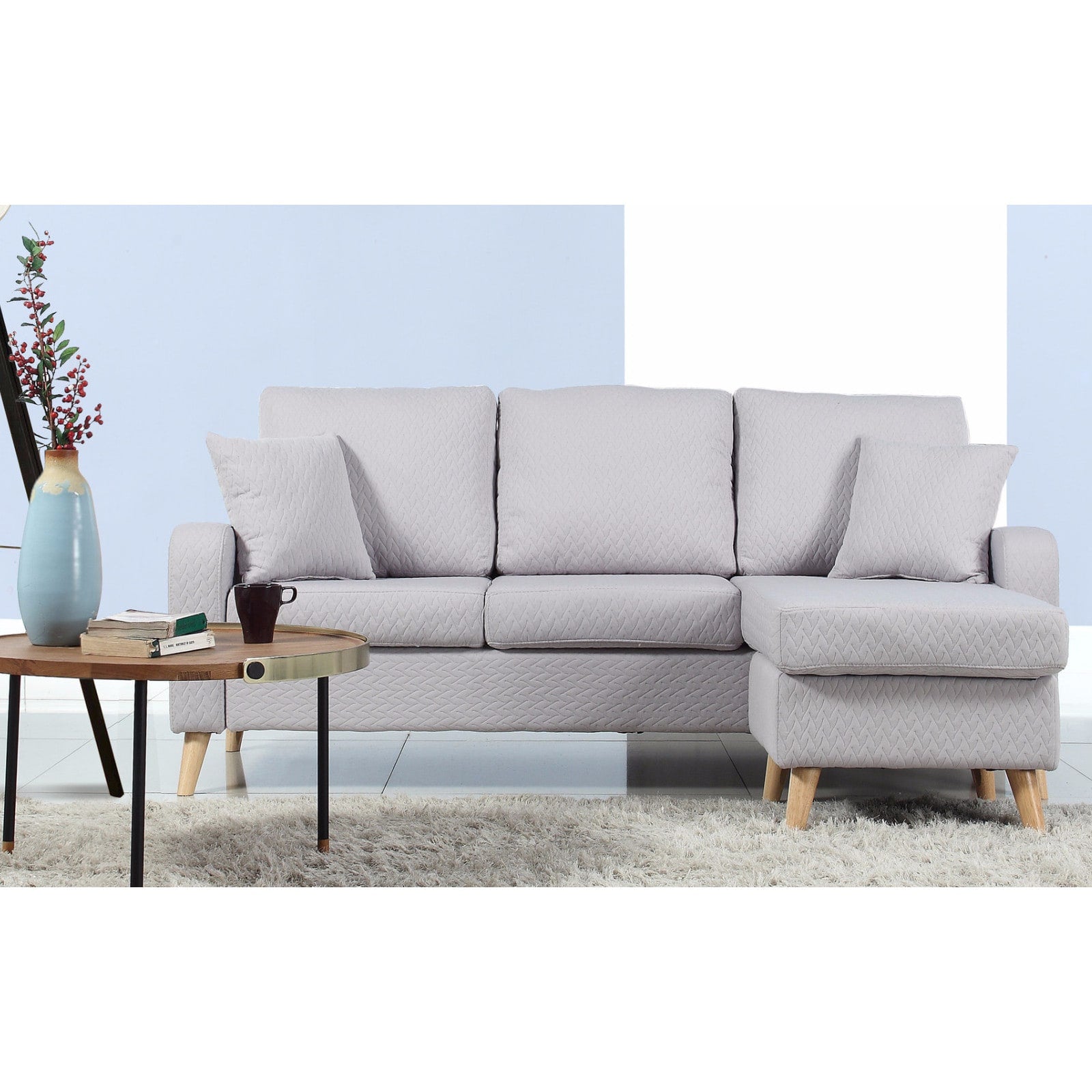 Dark Blue Linen Small Space Sectional Sofa with Reversible Chaise R63853