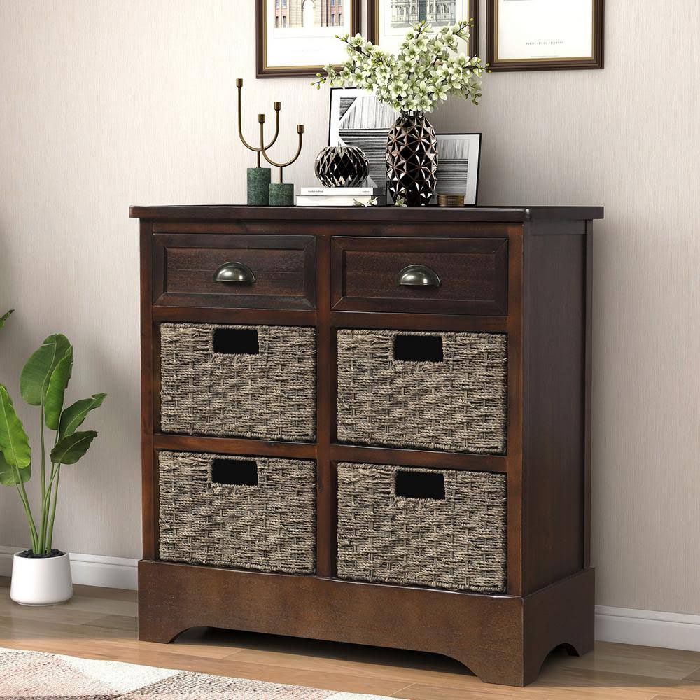 Espresso Rustic Storage Cabinet with 2-Drawers and 4 Fabric Basket M99956