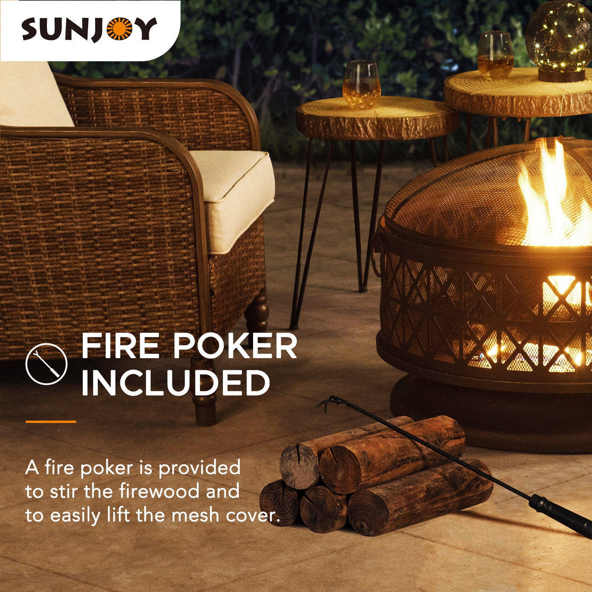Black Round Steel Outdoor Fire Pit with Spark Screen and Fire Poker L295