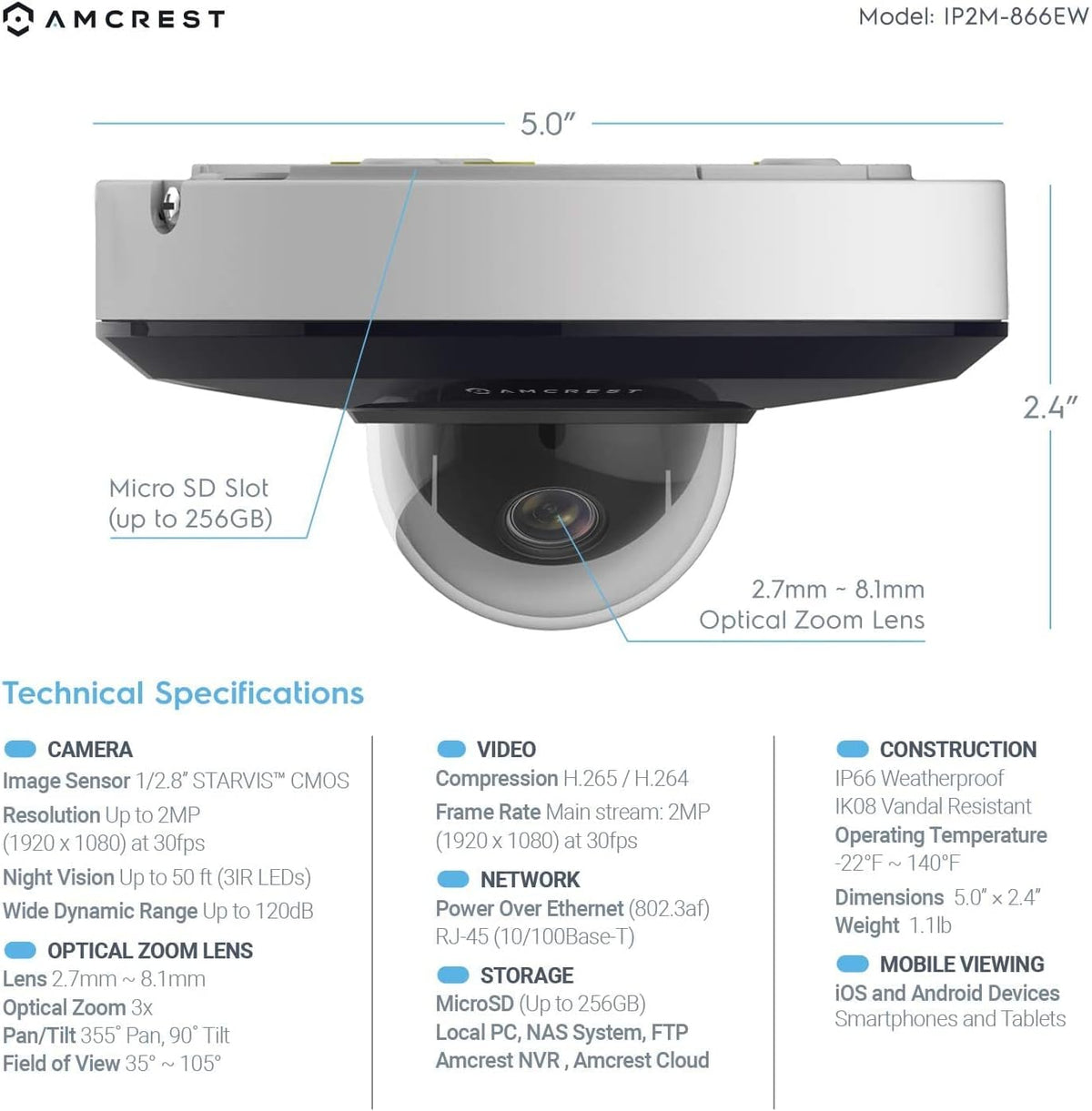 1080P PTZ Outdoor IP PoE Camera with 3X Optical Zoom A75221