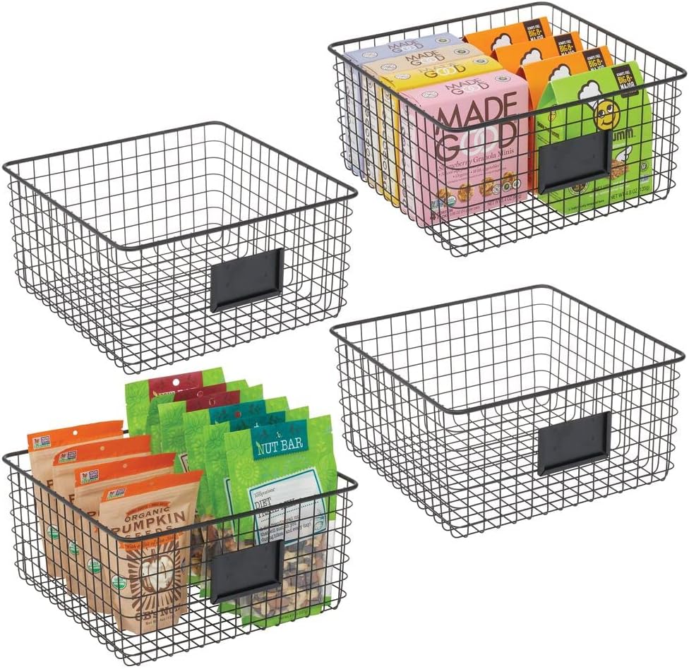 Bronze Metal Wire Food Organizer Storage Bin Basket with Label Slot, 4 Pack S1231
