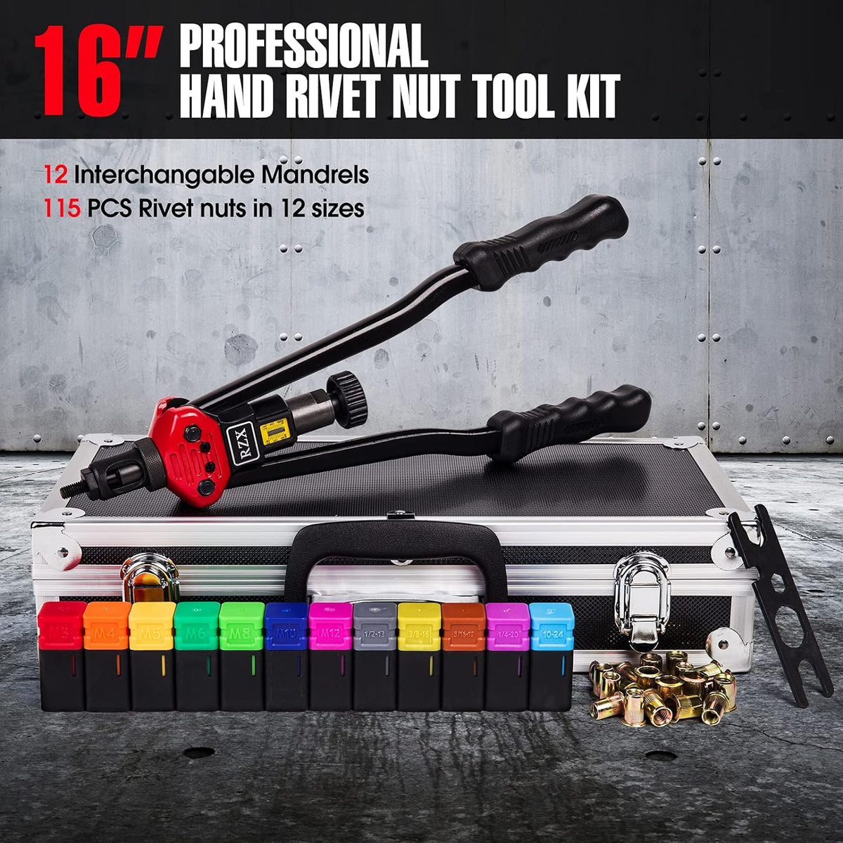 16 Rivet Nut Tool Set with 115Pcs Assorted Rivet Nuts and aluminum Carrying Case H18237