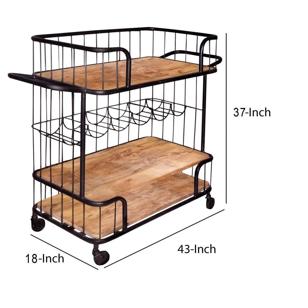 Black and Brown Metal Frame Bar Cart with Wooden Top and 2 Shelves F60342