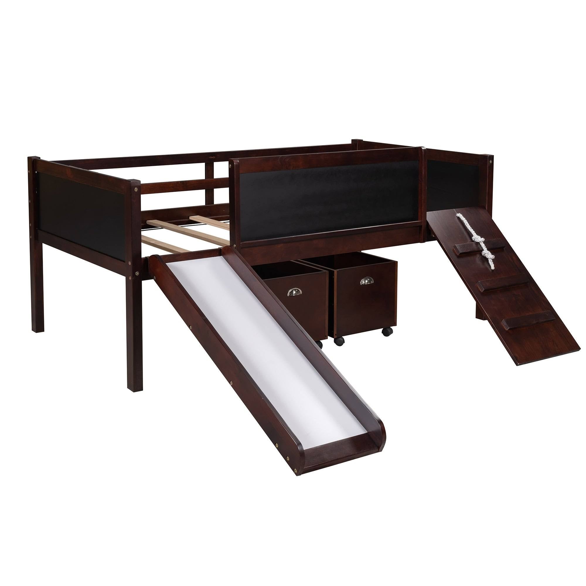 Espresso Pine Wood Twin Loft Bed with 2 Storage Boxes I437
