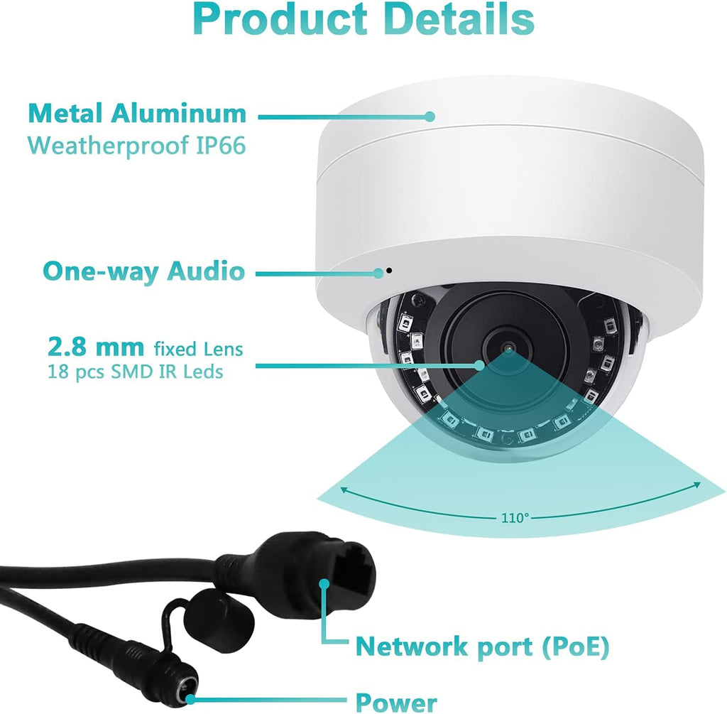 5MP Outdoor IP Dome Security Camera with Audio, 98ft Night Vision, 2.8mm Wide Angle W720785