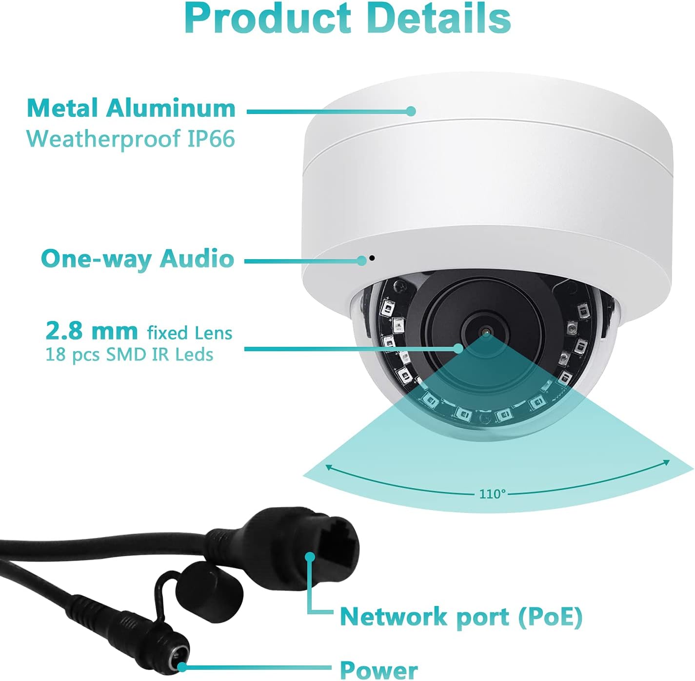 5MP Outdoor IP Dome Security Camera with Audio, 98ft Night Vision, 2.8mm Wide Angle W720785