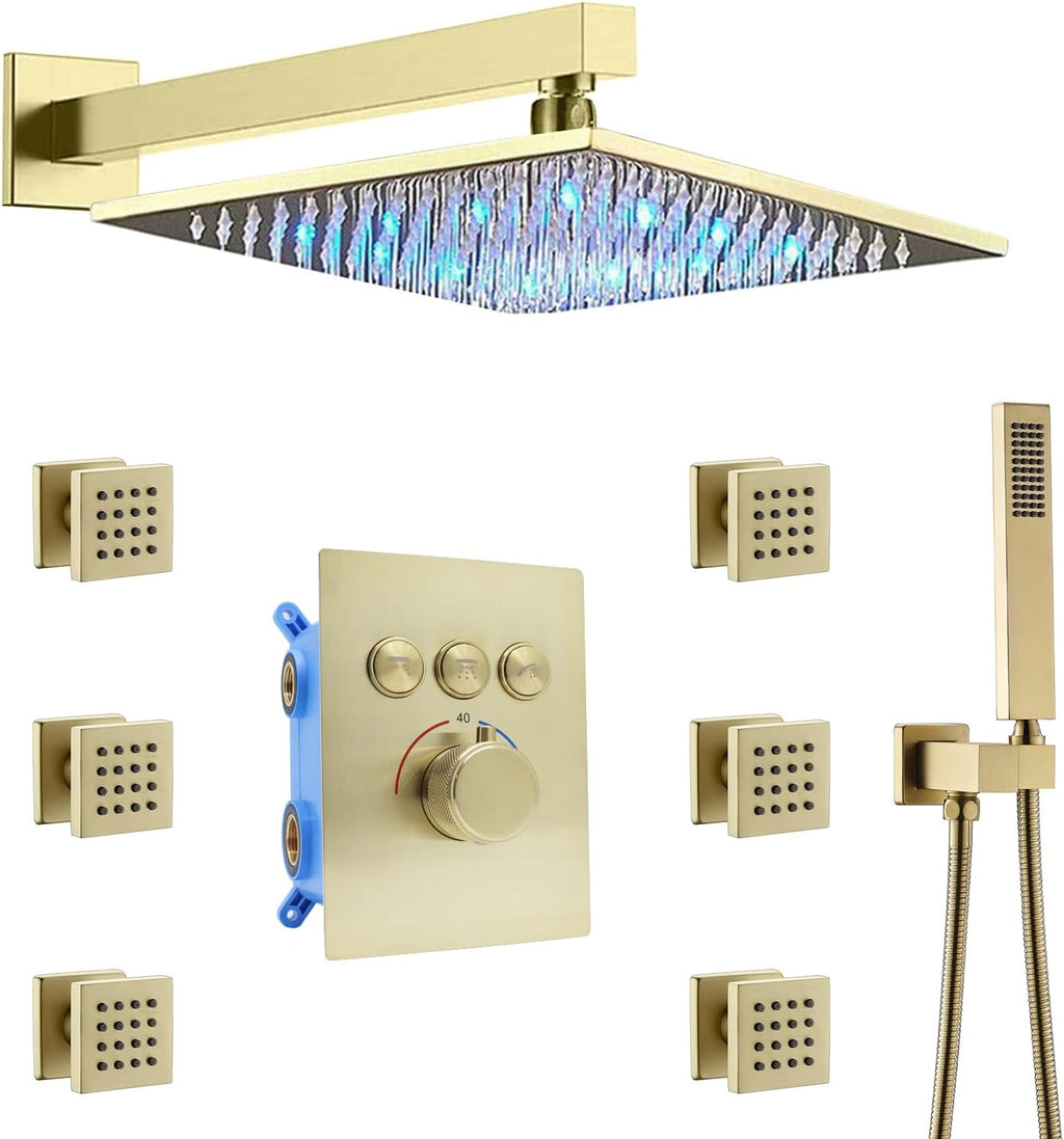 12 Inch Ceiling Rain Shower Head Combo System with Body Jets and Handheld, Matte Black Shower Faucet Fixture Set E356794