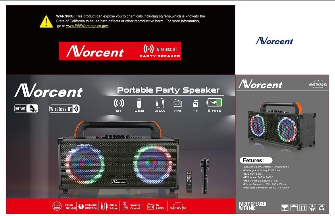 Dual 8" Portable Speaker with Bluetooth Sound Activated Lights Rechargeable 4500 mAH U8366