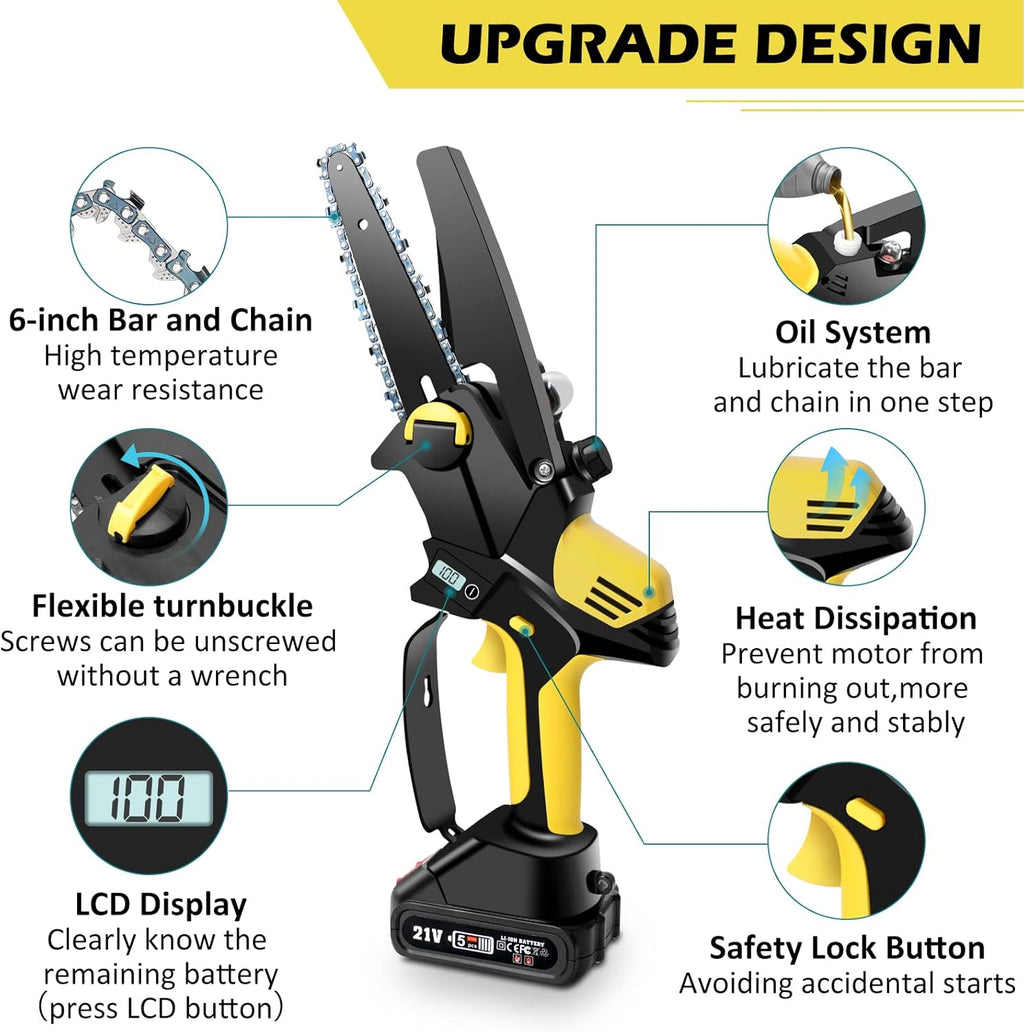 6 Inch Cordless Electric Chainsaw 21V 2.0Ah with Oil System and Safety Lock, Pack of 2 P15646