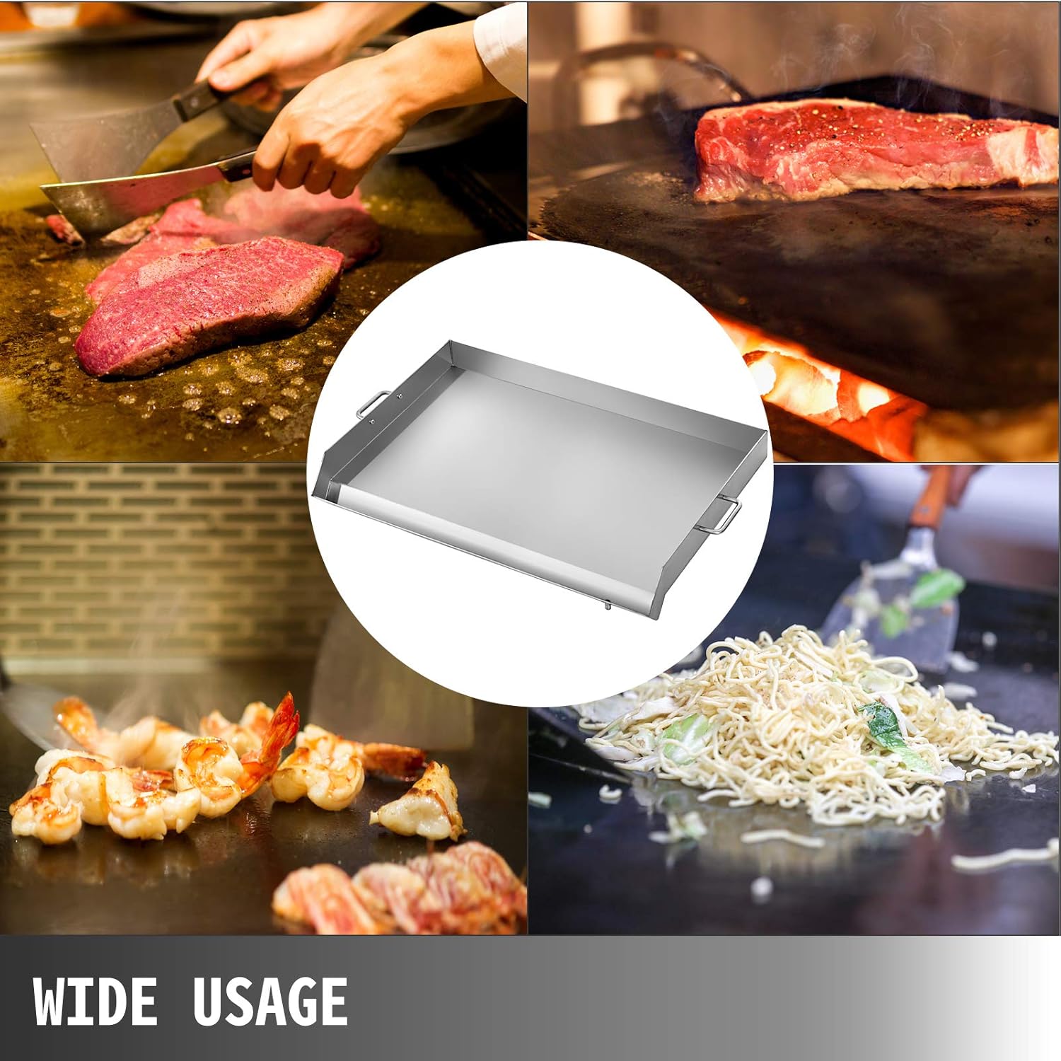 Stainless Steel Griddle 32 X 17 Flat Top Rectangular Plate with 2 Handles and Grease Groove R9424