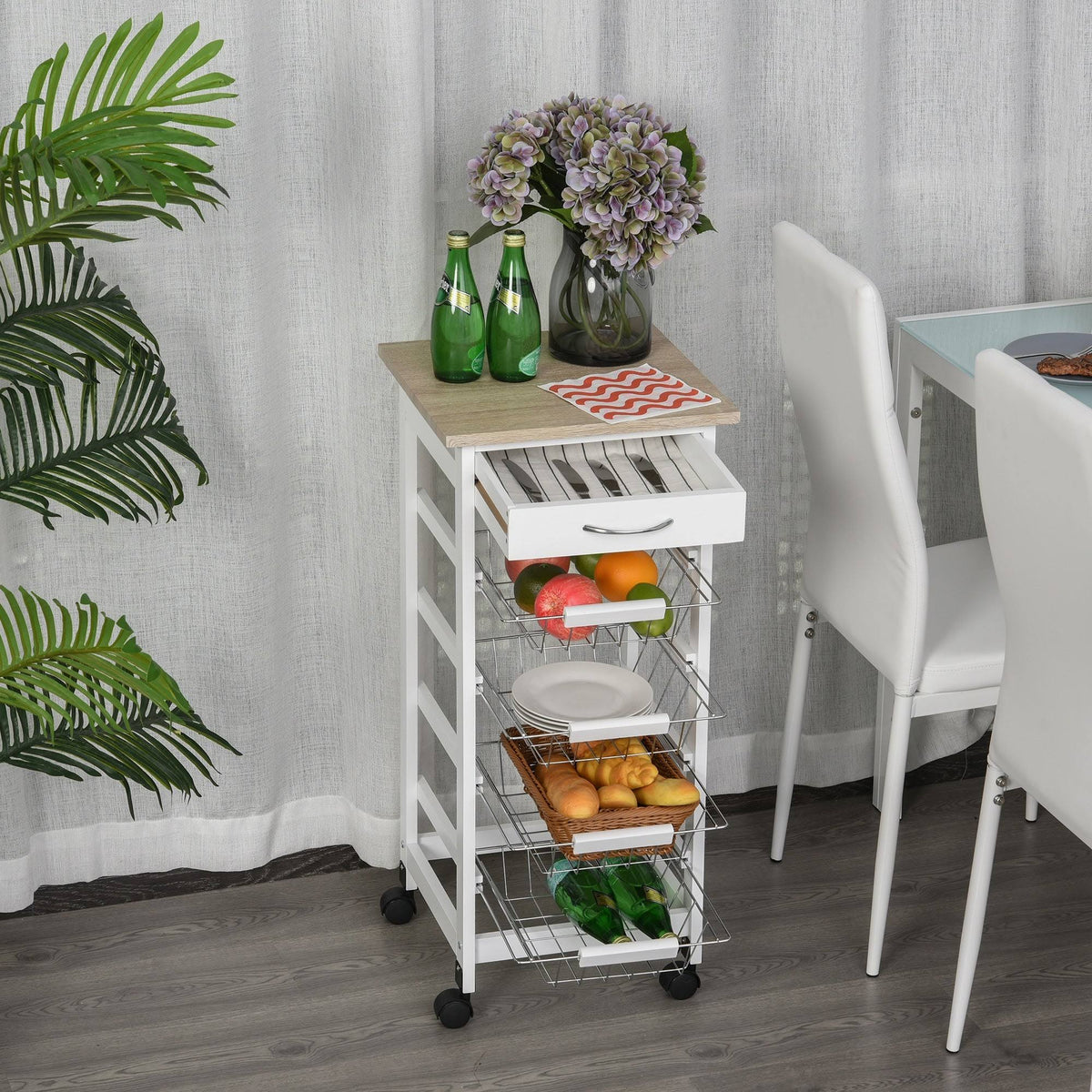 White Wooden Rolling Kitchen Storage Cart J51244