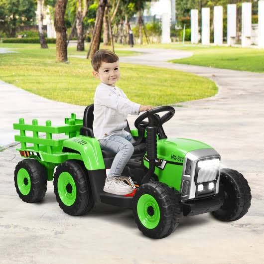 Green 12V Kids Ride on Tractor with Trailer W16100