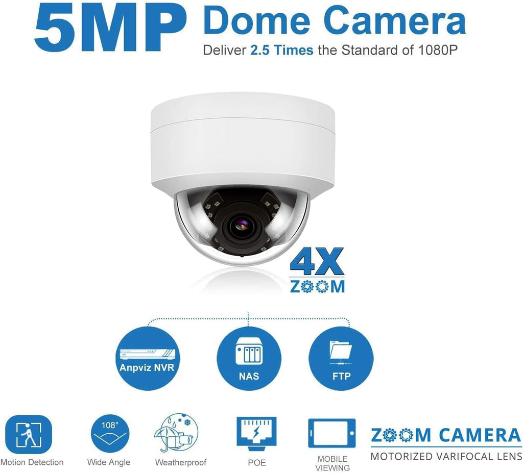 5MP Outdoor IP Dome Security Camera with Audio, 98ft Night Vision, 2.8mm Wide Angle W720785