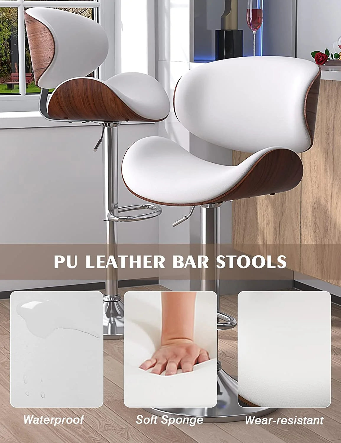 Bentwood Adjustable Height Swivel PU Leather Bar Stools Set of 2 B457061