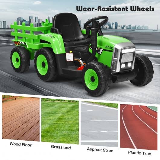 Green 12V Kids Ride on Tractor with Trailer W16100