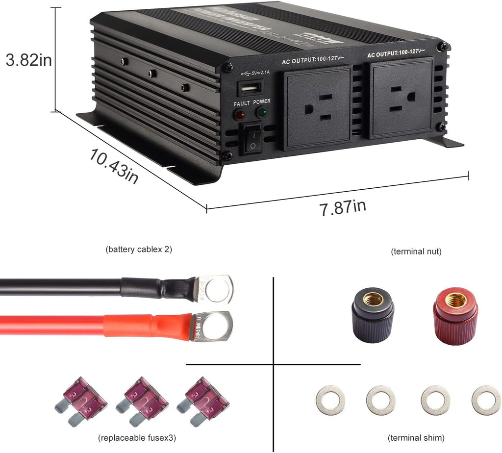 Power Inverter 1000 Watt 12v to 110v Modified Sine Wave with USB Port and Dual AC Outlets O45447