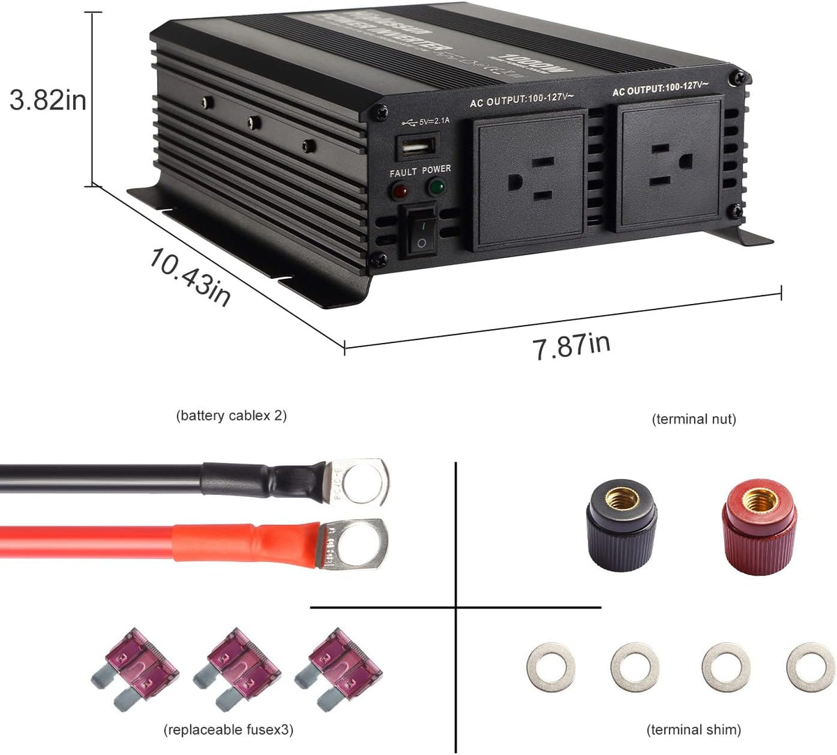 Power Inverter 1000 Watt 12v to 110v Modified Sine Wave with USB Port and Dual AC Outlets O45447