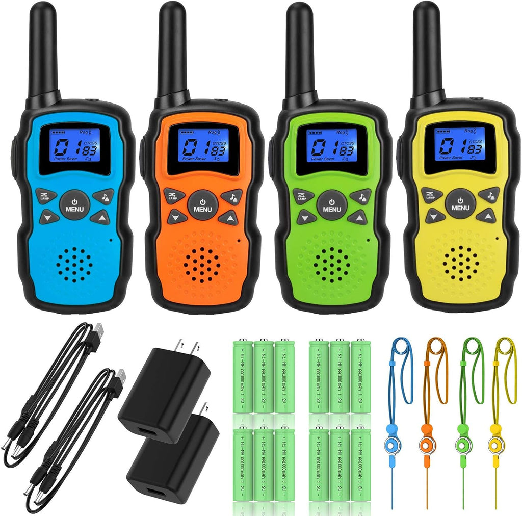 Rechargeable Walkie Talkies 4 Pack with 2 USB Chargers 12 Batteries A908