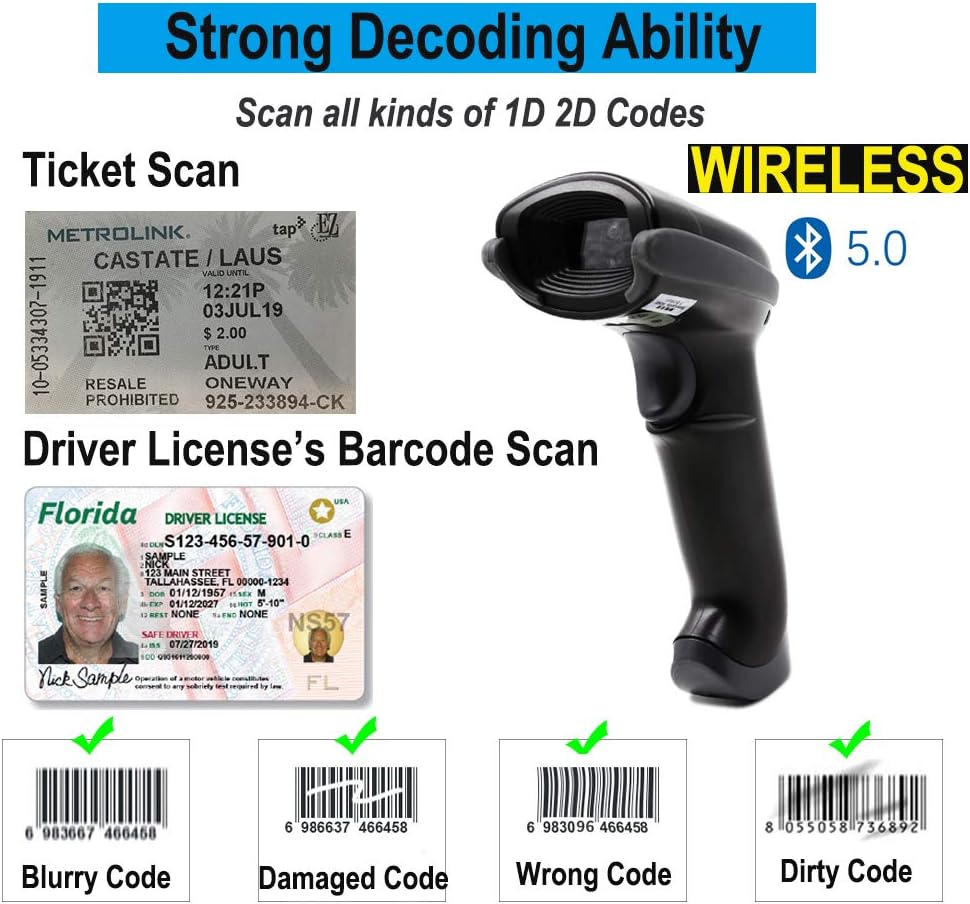 Bluetooth Barcode Scanner with USB Charging Cradle, 1D 2D QR Wireless Imager, Pack of 2 D441